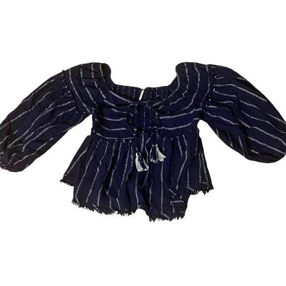 Free People Evey Peasant Top Tie Neck Navy White Striped Balloon Sleeves Small - Picture 2 of 9
